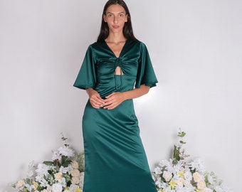 Green bridesmaid dress , flutter sleeve dress,  midi dress, maxi dress, wedding , guest dress , maxi dress , long dress , satin dress