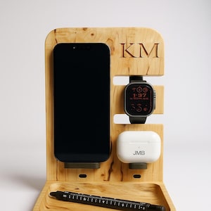 Personalized Wood Charging Station: 3-in-1 iPhone, Apple Watch, AirPods Dock - Handmade in Canada