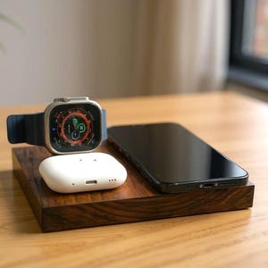 Wooden MagSafe Charging Station for iPhone, Apple Watch & AirPods – 3-in-1 Wireless Charger Dock – Walnut Desk Organizer Gift for Him