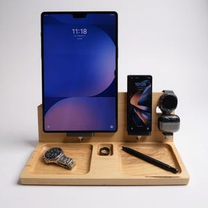 Samsung Charging Station Dock | 4-in-1 Wooden Organizer for Galaxy Tablet, Phone, Buds & Watch | Walnut Desk Docking Station