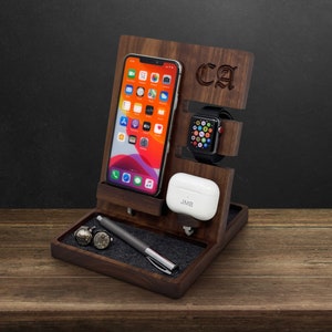 DELUXE APPLE DOCK, Deluxe Charging Station , Wooden iPhone Dock, Apple Watch and Airpods Charger, Birthday Gift for Him, Mothers Day Gift image 1