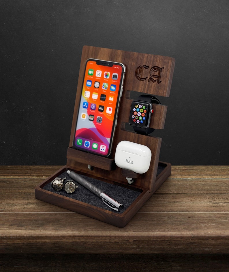 DELUXE APPLE DOCK, Deluxe Charging Station , Wooden iPhone Dock, Apple Watch and Airpods Charger, Birthday Gift for Him, Mothers Day Gift image 1