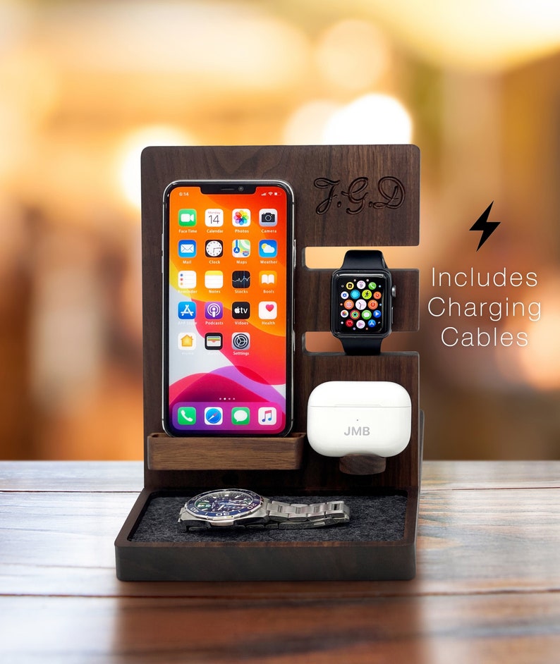 DELUXE APPLE DOCK, Deluxe Charging Station , Wooden iPhone Dock, Apple Watch and Airpods Charger, Birthday Gift for Him, Mothers Day Gift image 3