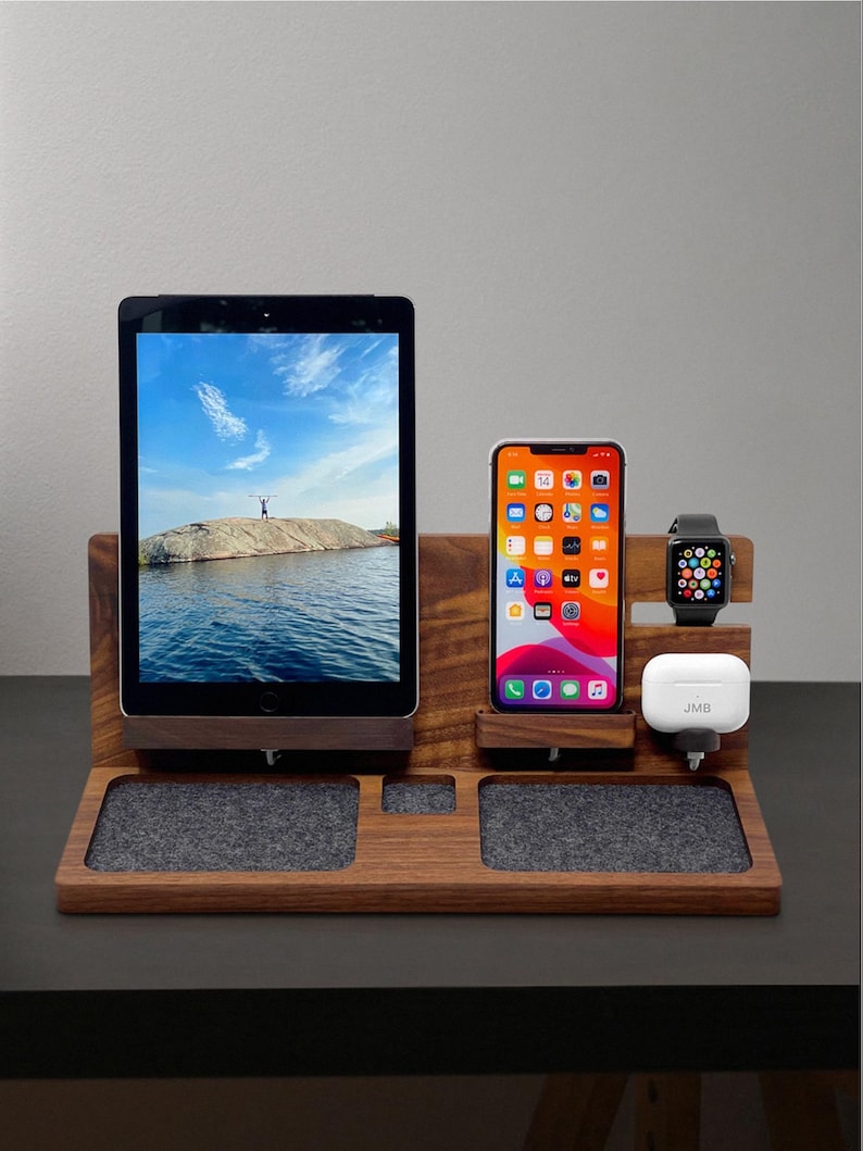 Handmade Walnut Apple Charging Station: iPhone, iPad, AirPods & Watch Dock image 1