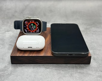 Catura Edge Apple Dock,  3 in 1 Wireless Charger, Wooden Dock, One Cable Charger, Handcrafted Fathers Day Gift