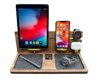 Apple Workstation, iPad Charging Station, iPhone 15 Apple Dock, Apple Watch Charger, Minimalist, Nightstand Dock, Valentines Gift for Him