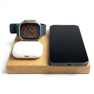 Wooden MagSafe Charging Station for iPhone, Apple Watch & AirPods – 3-in-1 Wireless Charger Dock – Walnut Desk Organizer Gift for Him