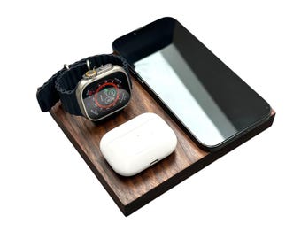 3-in-1 Wooden MagSafe Charging Station: Walnut iPhone, Apple Watch, Valentines Gift