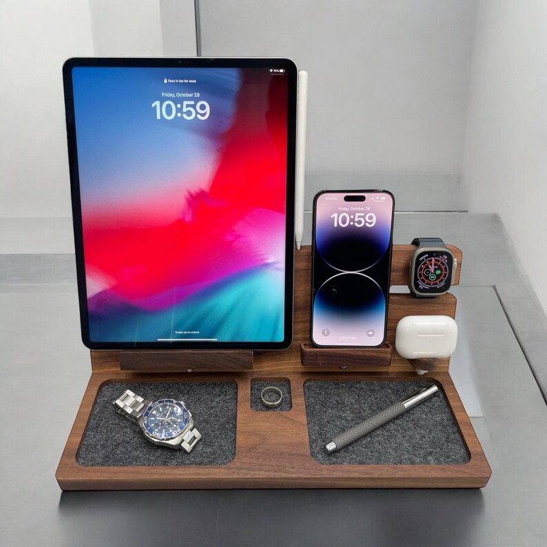 Graphic showing one wooden Apple charging station replacing multiple separate device chargers