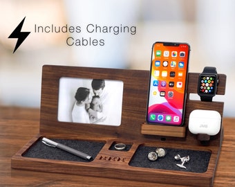 APPLE CHARGING STATION with Picture Frame, iPhone Wooden Dock, MagSafe Charging Station, Triple Apple Dock, Christmas Gift for Him