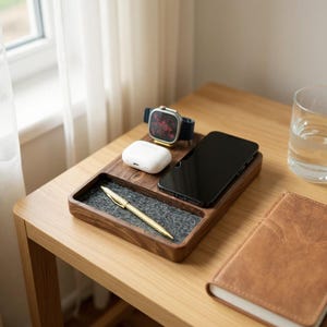 Wooden Charging Dock for iPhone, Apple Watch & AirPods – 3-in-1 MagSafe Charger with Tray – Walnut Nightstand Organizer Gift for Him