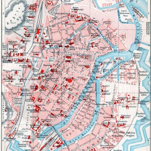 Può includere: Mappa d'epoca di Danzica, con un layout dettagliato delle strade evidenziate in rosso. La mappa include il fiume Weichsel, canali e vari punti di riferimento, con testo in tedesco. Scala 1:15000.