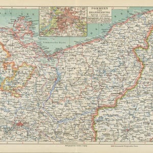Historische farbige Landkarte Pommern und Brandenburg von 1891
