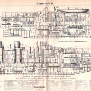 Puede incluir: Un dibujo de línea en blanco y negro detallado de un crucero acorazado español, el Infantin Maria Teresa, que muestra el diseño interno y los componentes del barco. El dibujo incluye etiquetas en alemán para varias partes del barco, como la sala de máquinas, la sala de calderas y las torretas de armas.