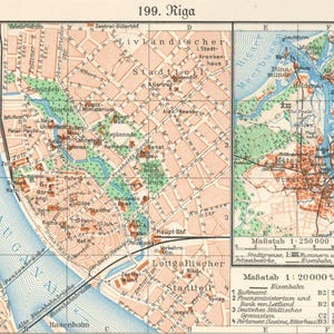 Op de afbeelding: Oude kaart van Riga, Letland, met een gedetailleerd stadsplan met straten, gebouwen en waterwegen. De kaart is verdeeld in twee secties, met de rivier de Daugava prominent aanwezig. De kaart bevat tekst in het Duits.