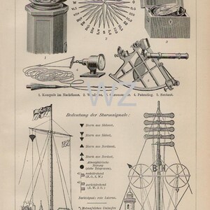 May include: A vintage illustration of nautical instruments and storm signals. The image includes a compass, a sextant, a chronometer, a patent log, a ship's mast with storm signals, and a semaphore. The caption reads "Nautische Instrumente und Sturmsignale." and explains the meaning of the storm signals.