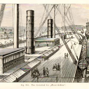 May include: An antique black and white illustration of a large ship's deck, featuring multiple smokestacks, rigging, and small figures of people. Several smaller sailing vessels are visible in the water, with buildings in the background. The text at the bottom reads "Fig. 258. Das hinterdeck des „Great Eastern"."