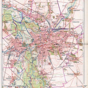 Carte historique de Leipzig et de sa banlieue, carte de la ville avec bordures colorées datant de 1892