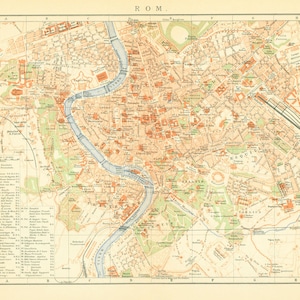 Può includere: Mappa d'epoca di Roma, Italia, con un'illustrazione dettagliata della planimetria della città. La mappa utilizza una tavolozza di colori caldi con sfumature di beige, arancione e verde. Il fiume Tevere è ben visibile, che scorre attraverso il centro della mappa.