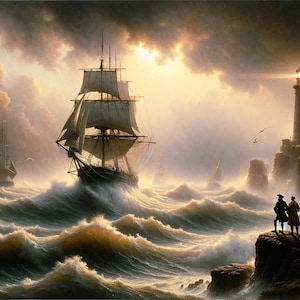 Sailing ship in the storm and night at the lighthouse, original painting by the artist