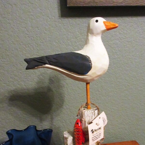 SEAGULL STATUE, 13 1/4,  Wood, Coastal, Seaside, Piling, Fish, Sea Shells, Playful, Home Decor, Fun, Handmade, Cute Gift.