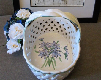 WHITE CERAMIC BASKET, 10"  Ipc Comp, Portugal, Handmade, Blue Flowers, Green Trim, Farmhouse, Country, Traditional, Fruit bowl, Lovely Gift.