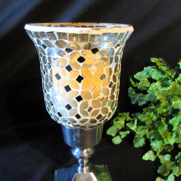 MOSAIC CANDLE HOLDER, 10" , SilverTiles, Mirrored, Hurricane, Tulip Cup, Silver Base, Traditional,Sparkly, Exotic, Home Decor.