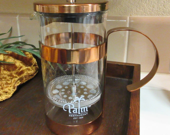 PALM RESTAURANT Coffee Pot, 8 1/2, French Press, Palm Restaurant , Glass, Copper, Hotel Quality
