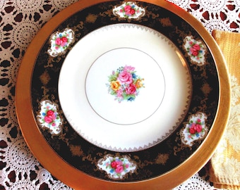 占領下の日本をモチーフにしたヴィンテージプレート：11インチの高級磁器、金彩、バラ、写真入り。