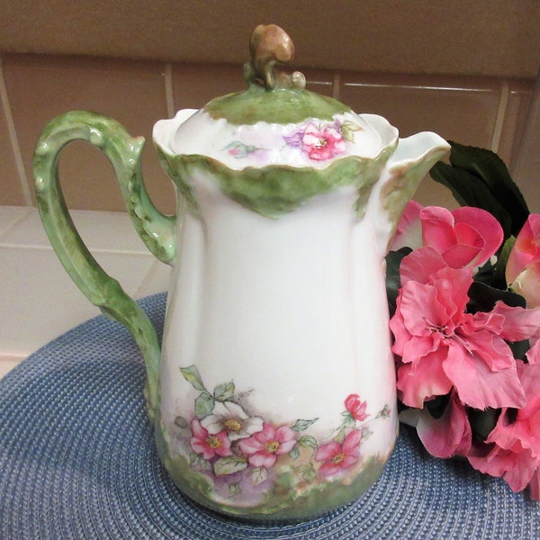 LIMOGES COFFEE POT,  7 1/2" , France, D & C, Dogwood Flowers, Fine Porcelain, Hand Painted, Elegant, High Quality, Vintage, Lovely Gift.