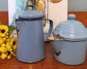 ENAMEL COFFEE POTS, (2)  Cowboy, Farmhouse, Light Blue, Home Decor, Display, Rustic, Vintage, Flower Vase, Fun Gift.