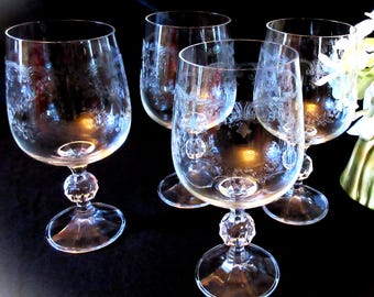 Vintage Crystal Wine Glasses, Import Associates, 6.5"  Czechoslovakia, Hand Etched Scroll, Prism Ball Stem, Set of 4