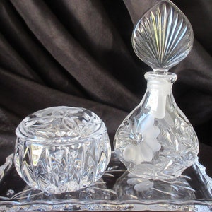 PERFUME VANITY SET, Crystal (5 pc) Princess House, Heritage Collection, Etched Dish, Teardrop Bottle, Tray, Vintage,  Classy, Elegant Gift.