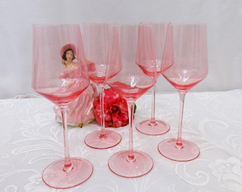 Copas de vino rosa soplado a mano, Physkoa, 23 cm (9 pulgadas), vidrio sin plomo, resistente a la rotura, juego de 5