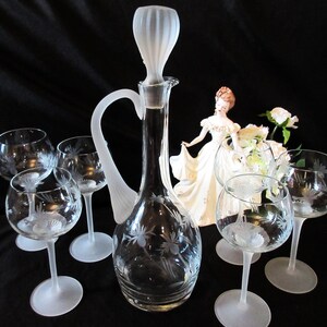 Handmade Crystal Decanter Set, Etched Frosted, Romania, Pineapple Cut, 7 Pc Set, 15"