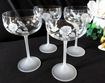 Vintage Avon Champagne Coupes: Frosted Crystal Hummingbird Glasses, Set of 4, 6.75"