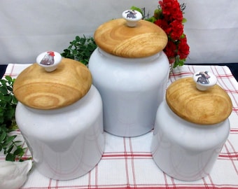 Farmhouse Ceramic Canister Set: 11", Cow & Rooster Knobs, Bamboo Lids, Set of 3