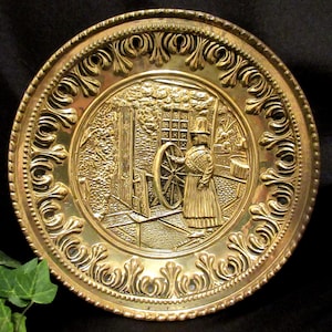 Vintage Hand Hammered Brass Plate: English Spinning Wheel Decor