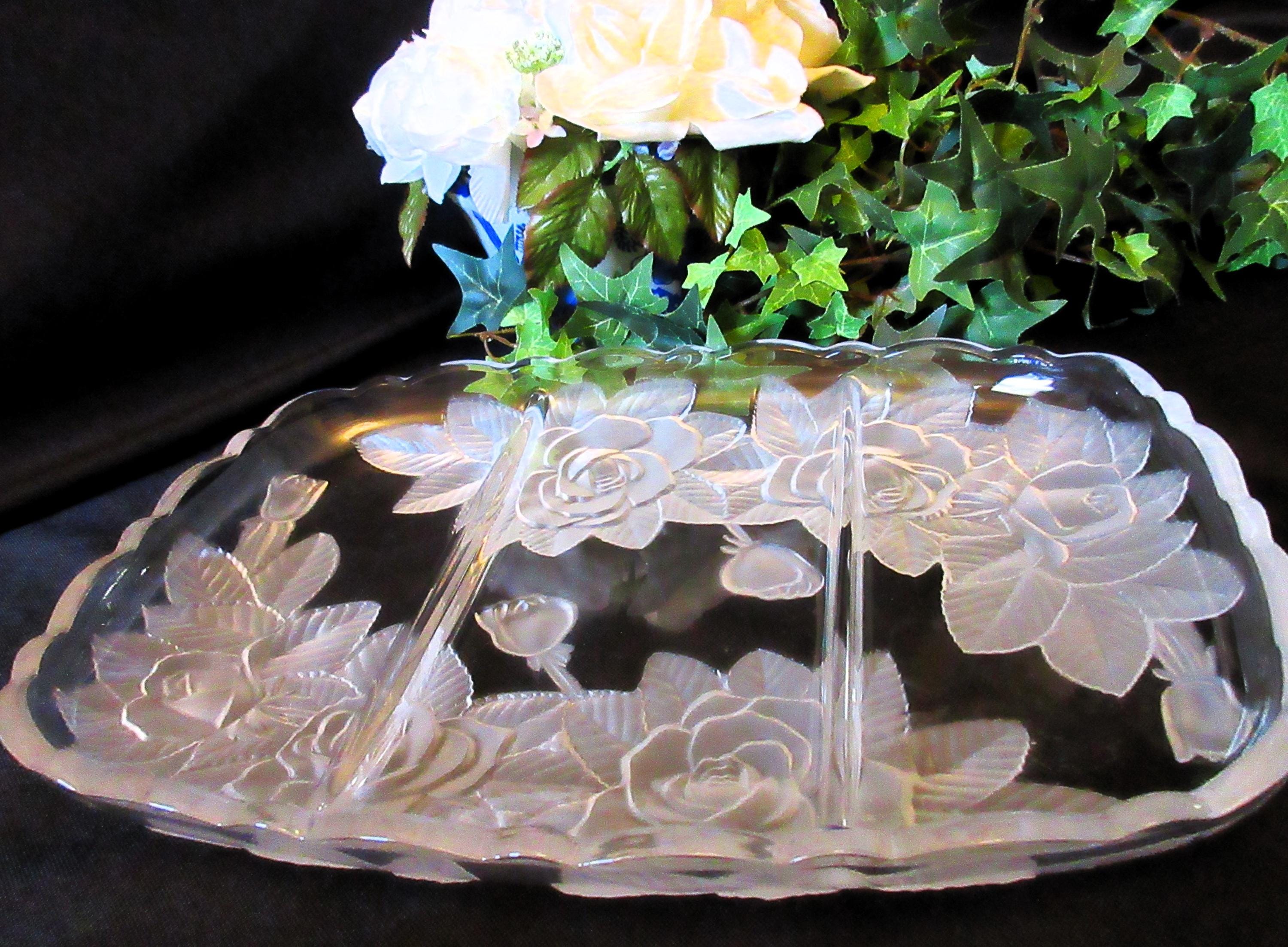 Mikasa Winter Rose Crystal Relish Tray, Studio Nova, Embossed