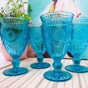 Embossed Turquoise Water Glasses - Pioneer Woman Adeline Collection - Set of 4