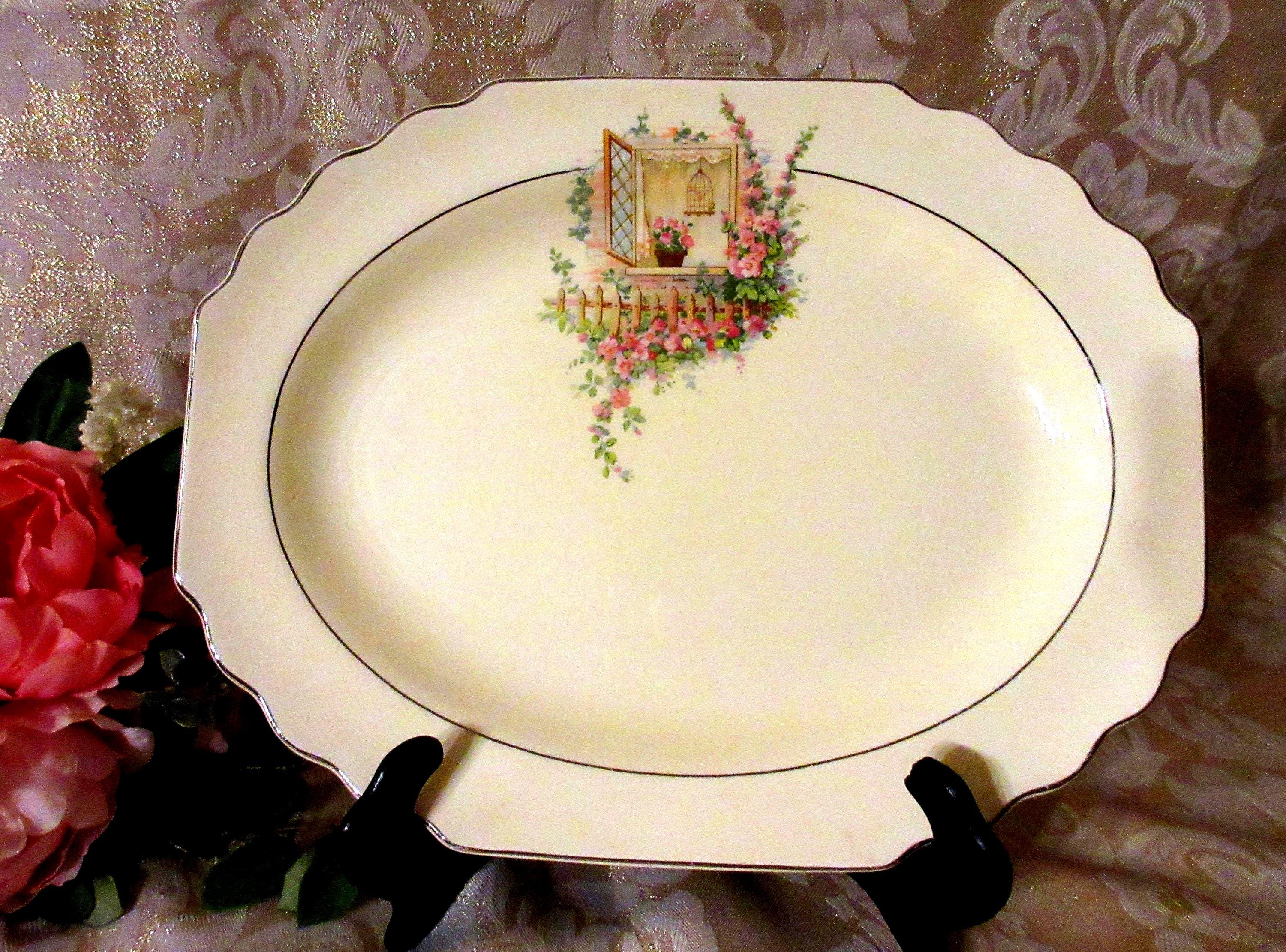 Vintage W.S. George Canarytone Platter: Pink Roses, Window Scene