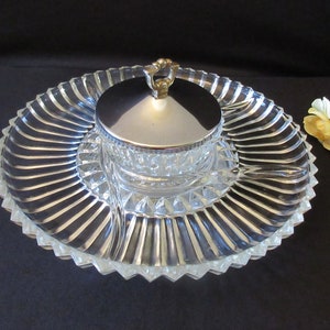 ELEGANT LAZY SUSAN,  4 Pc, Crystal Tray, 12", Bowl /Lid,  Silver Plate, Kromex,  Appetizers, Hors d'oeuvres, Parties, Classy Server.