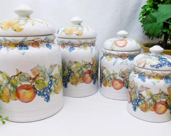 Set di 4 barattoli in ceramica vintage, avorio, con motivo frutta, decorati a mano, design Pewtina.