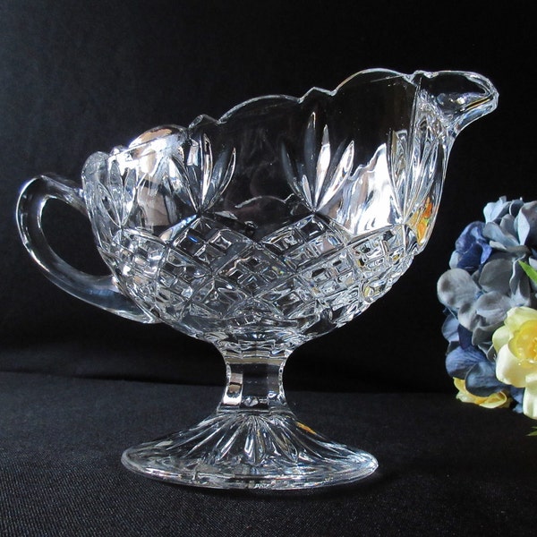 SPARKLY GRAVY BOAT,  8 1/4", Shannon, Godinger, Ireland, Deep Cut, Pineapple Etching, Pedestal Base, Scalloped, Elegant,  Lovely Gift.