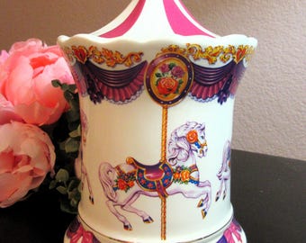 CAROUSEL CANISTER, 8",  Teleflora Music Box, White Horses, Pink Bows,   Gold Accents