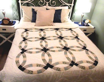 Handmade Wedding Ring Patchwork Quilt: Blue Tan Farmhouse Decor (64x84in)