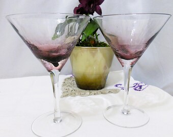 Hand Blown Pier 1 Purple Crackle Finish Martini Glasses, 7.25" ,  Set of 2.