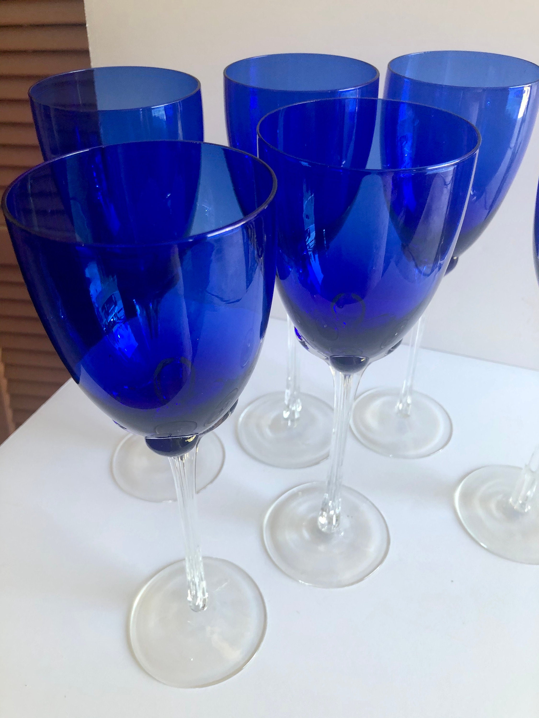 COBALT WINE GLASSES Blue Cup clear Stem Lobed Detail Etsy