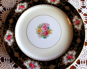 Occupied Japan Plate: Vintage Photo China, Fine Porcelain, Gold Filigree Roses (11 inch)