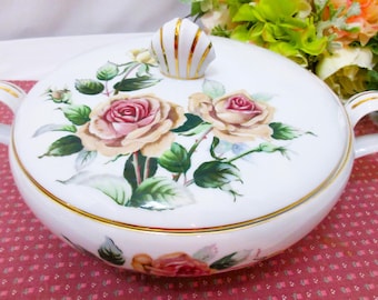 Narumi White Porcelain Casserole Dish, Gold Highlights, Peach/Yellow Roses, Lidded, 12"